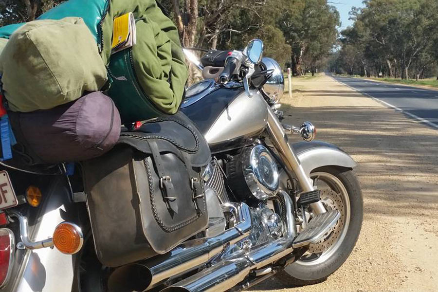 Gear packed onto motorcycle